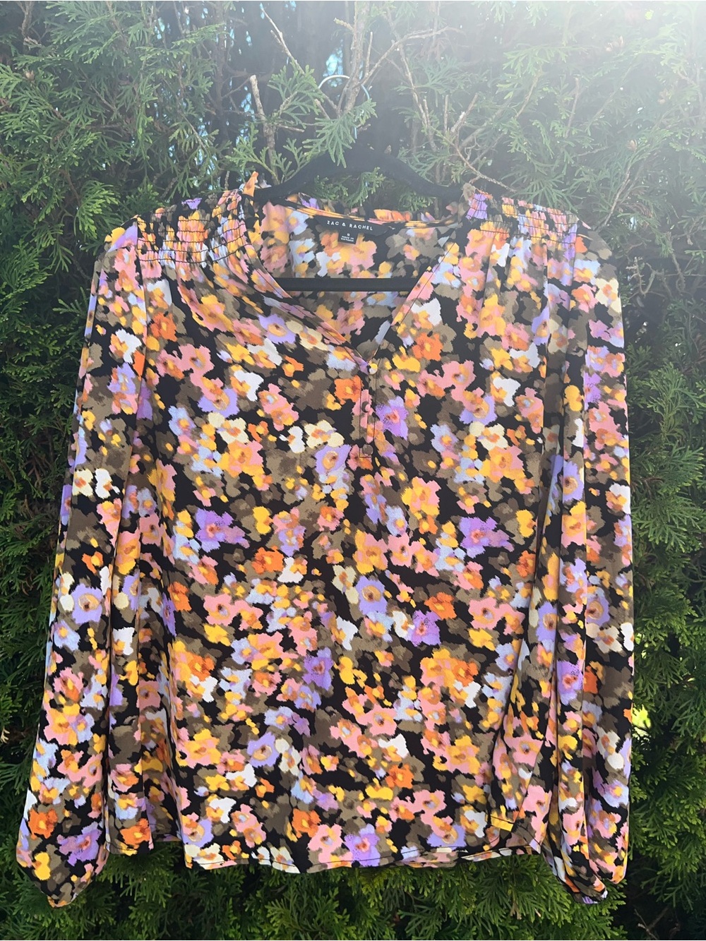 Zac & Rachel Black Floral V-Neck Blouse with Lavender and Mustard Accents